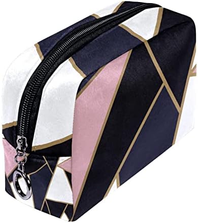 Saco de maquiagem pequeno, organizador cosmético da bolsa com zíper para mulheres e meninas, padrão geométrico preto rosa moderno