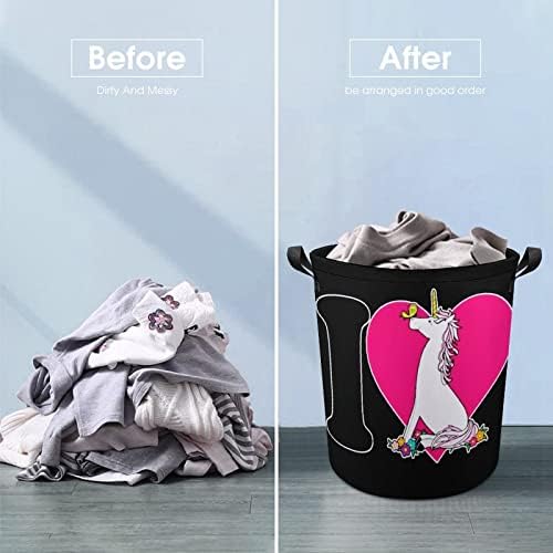 Eu amo unicorn lavandery cesto cesto saco de lavar bolsa de armazenamento colapsível alto com alças
