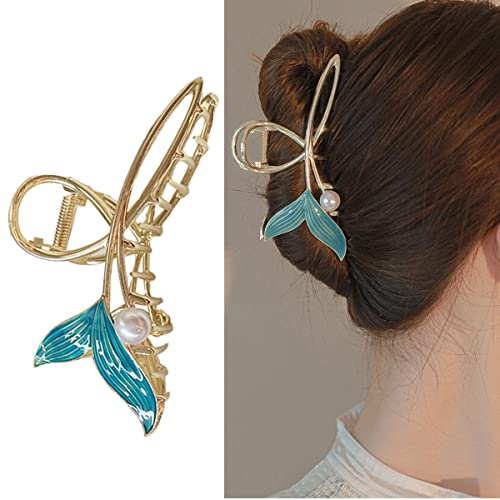 Clipes de cabelo azul de peixe cauda com pérolas de cabelos de sereia para mulheres grandes clipe de cabelo de metal de ouro