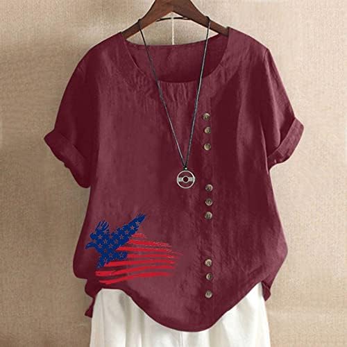 Tops de linho de algodão feminino Blushs de bandeira dos EUA 4 de julho Camisas Independência T-shirt Botão de verão Botão de manga