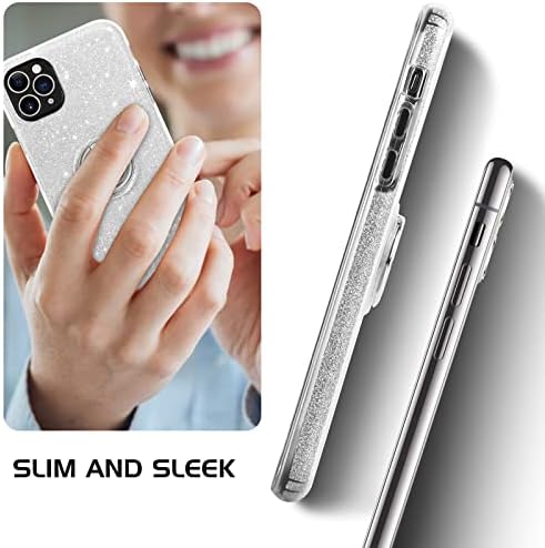 Domaver para iPhone 11 Pro Max Case Glitter Luxury Silver com anel giratório Tampa de TPU macia e PC para PC para iPhone 11 Pro