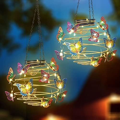2 Pack Butterfly Luzes solares ao ar livre lanterna solar com alça, decoração de jardim de borboletas solares para pátio