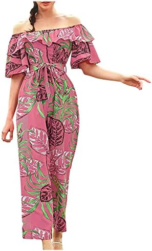 Macacão para mulheres de verão feminino manga curta do ombro de jumbo floral de chiffon moda feminina