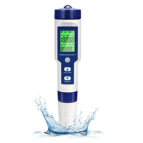 Medidor de pH digital Gudoqi, testador de qualidade de 5 em 1 com luz de fundo, pH/TDS/EC/Salinidade/Temp Meter com ATC, 0,01