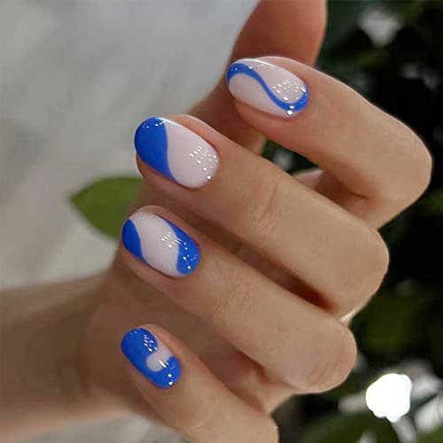 ENPPODE Azul Pressione em unhas curtas e falsas unhas acrílicas unhas falsas unhas artificiais manicure para mulheres e meninas-24pcs