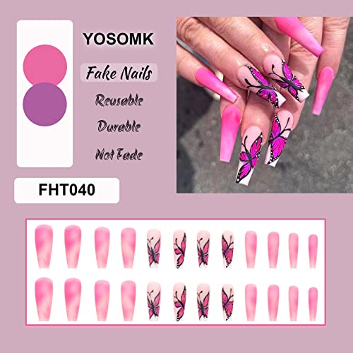 Yosomk Pressione as unhas longas rosa borboleta falsa unhas falsas acrílico unhas pressione unhas artificiais de caixão fosco para mulheres