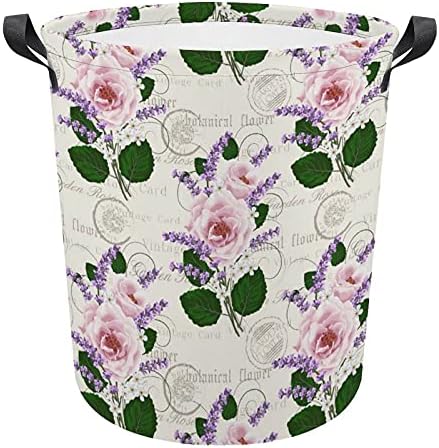 Rosas rosa e lavanders vintage cesta de pano oxford com alças de cesta de armazenamento para organizador de brinquedos banheiro