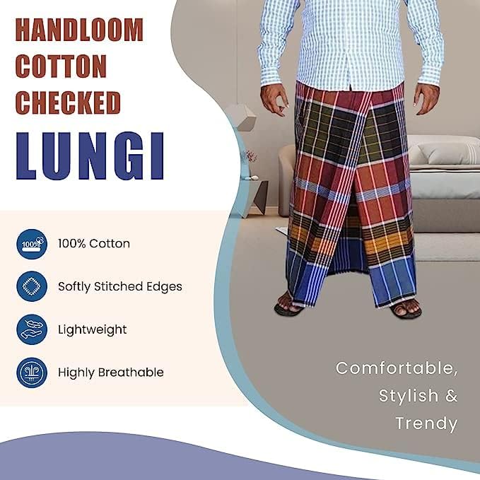 Artes da Índia Lungi Lungis de algodão puro para homens, conjunto de 3 || cheques variados ou cores_2 metros, 3,94 x 1,97 x 3,94
