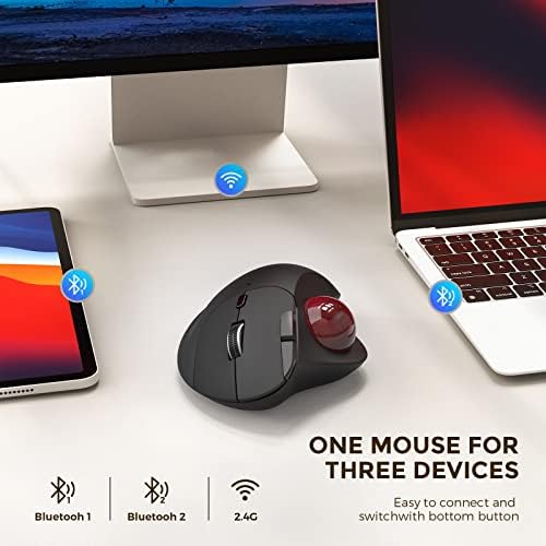 Mouse de mouse de trackball Bluetooth, mouse de bola de faixa ergonômica suporta 3 conexão de dispositivo, controle de polegar fácil,