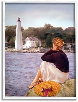 Stuell Industries Woman no Shoreline Coast Lighthouse Pintura náutica realista, projetada por Robert DeSantis White emoldurou arte de