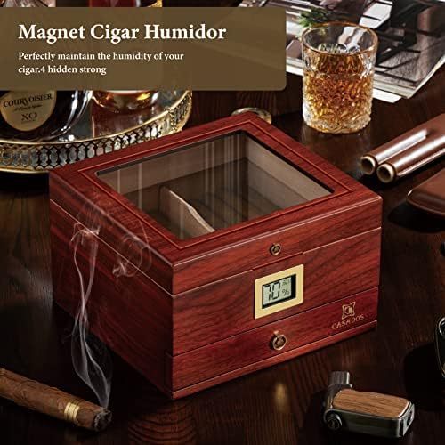 Casados ​​Caixa de Cigar Cigar, Casutos de Cigarro Espanhol Madeirado com Tampo Acrílico, Higrômetro Digital, umidificador e gaveta
