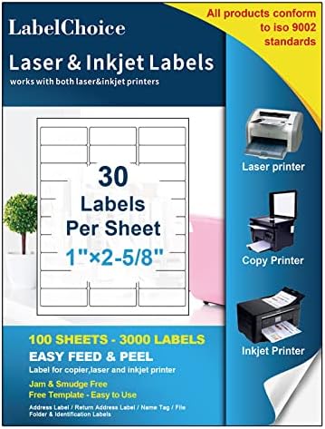 LabelChoice 100 Folhas 3000 Etiquetas 30-Up 1 x 2-5/8 Endereço de entrega Etiquetas FBA para impressoras a laser e jato