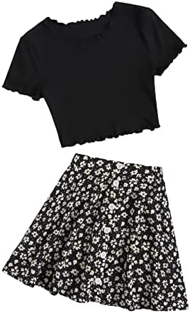 Shein Girl's 2 peças Roupas de impressão floral Top de camiseta de alface e conjuntos de roupas de saia