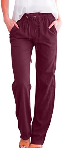 Calças de linho de algodão casual de verão para mulheres calças de perna larga com bolsos soltos Fit Pure Color Ponts