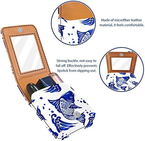 Caixa de batom de Oryuekan com espelho bolsa de cosméticos portátil fofa, bolsa cosmética, onda vintage koi padrões arte