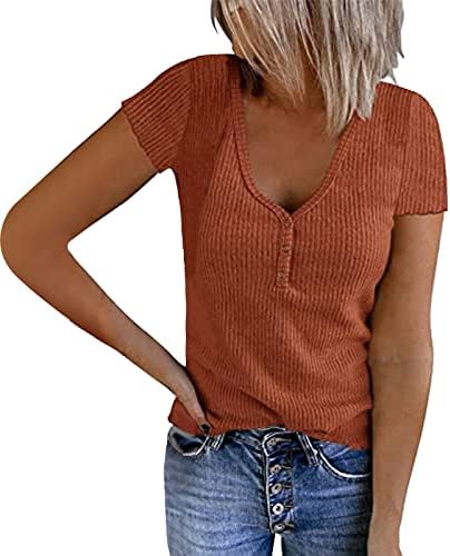 Mulher camiseta mulher mulher casual cor de cor superior camisa vil de pescoço de gola de manga curta malha em emenda feminina