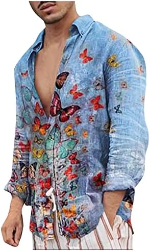 Xxbr algodão linho camisas para homens, botão de outono para baixo de manga comprida pássaros de borboleta impressão casual camisa havaiana