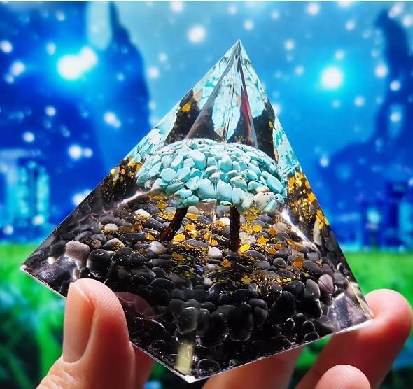 Orgone Tree of Life of Life Orgonitpiramid Turquesa com Obsidian Crystal Pyramid Positive Reiki Gerador de energia Cura Série Orgone,