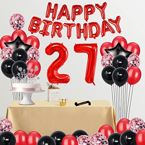 FancyPartyShop 27th Birthday Party Decorations Supplies Red Black mais tarde balões de feliz aniversário Bolo de topper