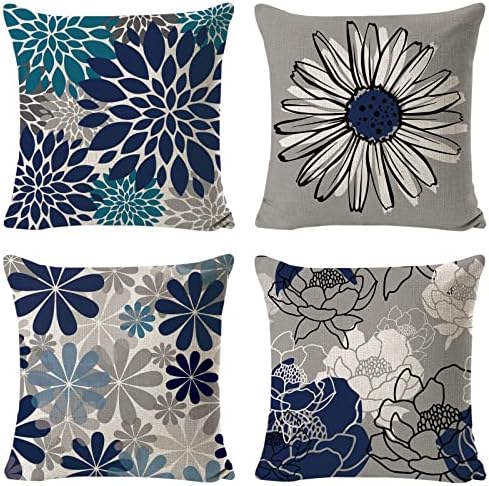 Conjunto de 4 capas de travesseiro decorativo 18x18 azul e cinza Modern Daisy Floral Pillow Capas para a fazenda da sala de estar,