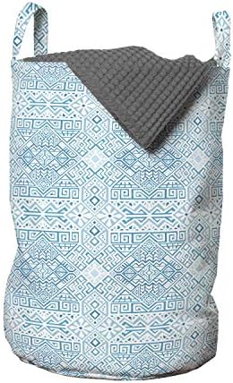 Bolsa de lavanderia aztec de Ambesonne, estilo monocromático, design boêmio de quadrados, triângulos, cesto de cesto com alças fechamento