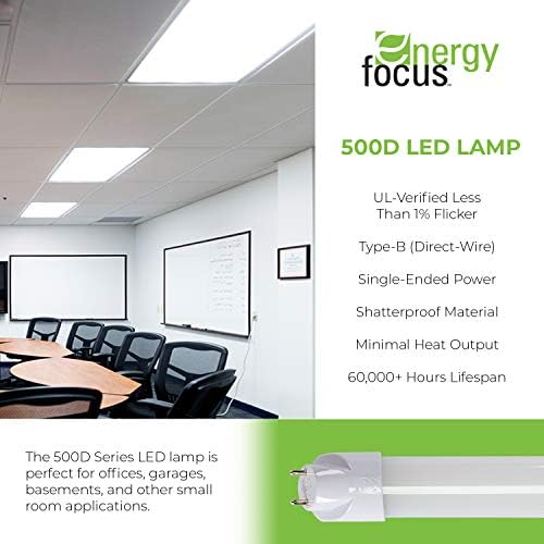 Energy Focus 500d Series T8 LED Lamp, 5000k, 20w, 4ft, lente transparente, poder direto, poder de ponta única