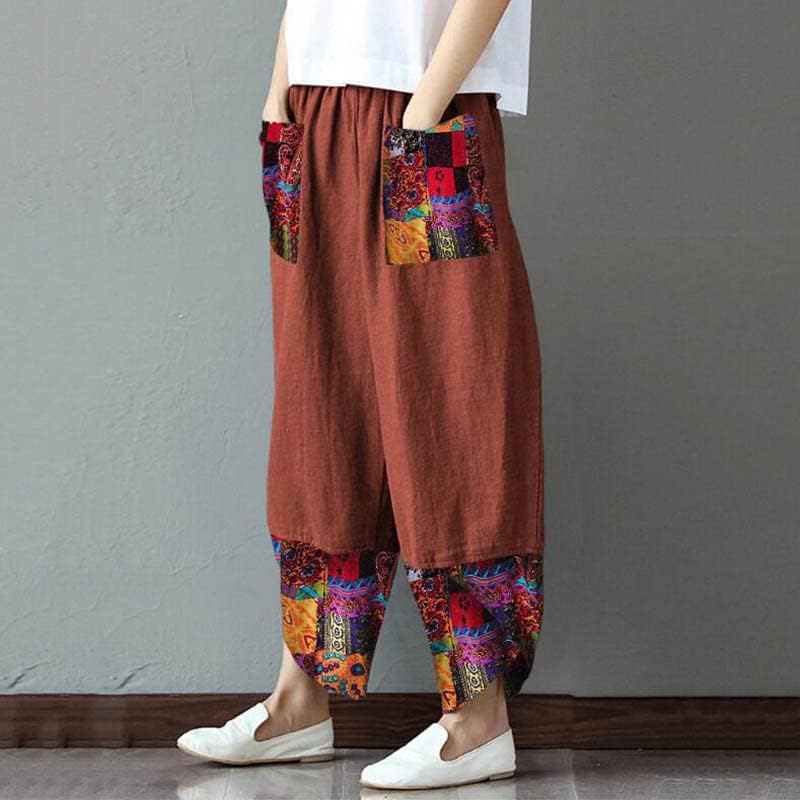 Uktzfbctw primavera outono feminino linho algodão lápis impressão casual retalhos de retalhos soltos calças longas streetwear