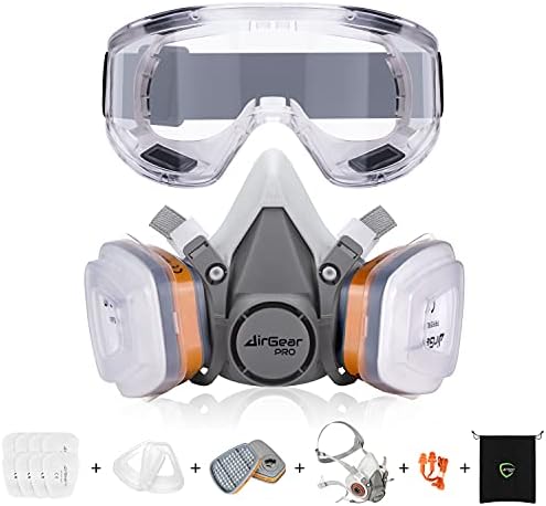 Máscara de respirador reutilizável AirGearPro G-500 com filtros A1P2 e óculos de segurança | Anti-gás, anti-poeira | Máscara