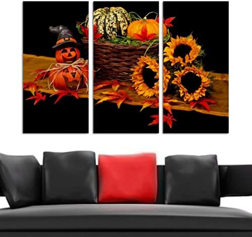 3 peças Arte da parede emoldurou a pintura a óleo do Sunflower Halloween na tela de arte moderna para a decoração do escritório