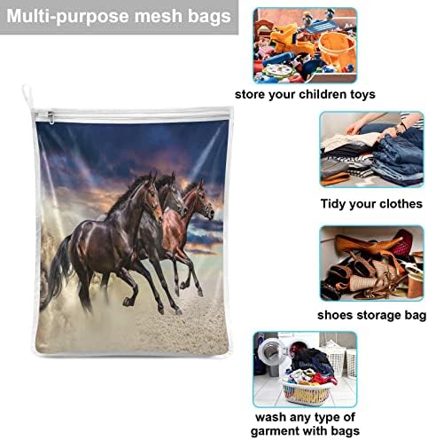 2pcs Mesh Laundry Bags Horses Brown Running Laundry Laving Saco com bolsas de malha de zíper em loop pendurado para meias de roupas