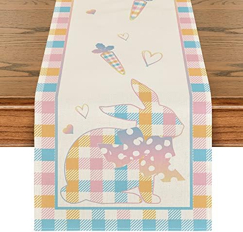 Modo Artóide Pink e Blue Buffalo Bunny Bunny Páscoa Runner, decoração sazonal de mesa de jantar de cozinha para decoração