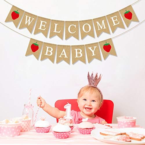Rainlemon Jute Burlap Welcome Baby Banner com Strawberry Baby Shower Bunting Garland Decoration