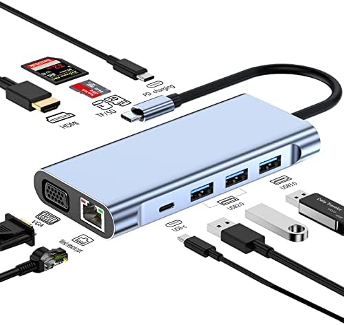 USB C Micro 10 em 1 hub USB C a HDMI, Adaptador MultiTor 4K, VGA, Ethernet, leitor de cartão SD/TF, carregador PD, 1 USB