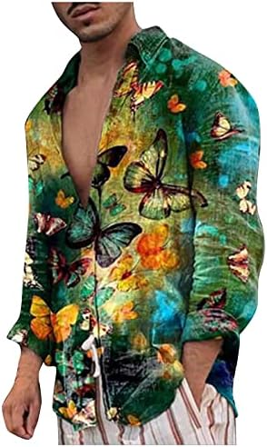 Camisas de linho de algodão ubst para homens, botão de outono para baixo de manga comprida pássaros borboleta impressão casual