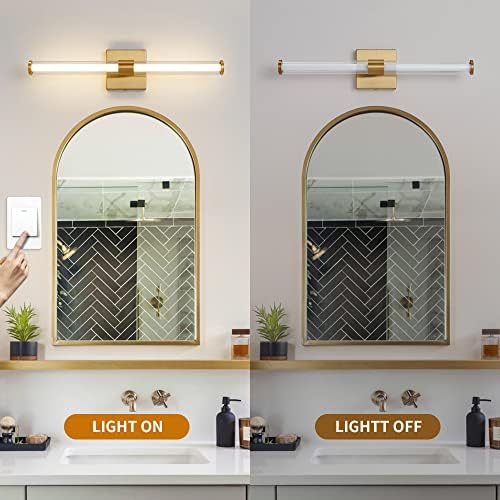 Luminárias de vaidade do banheiro dourado, arandela de parede de latão LED sobre espelho com sombra de vidro transparente
