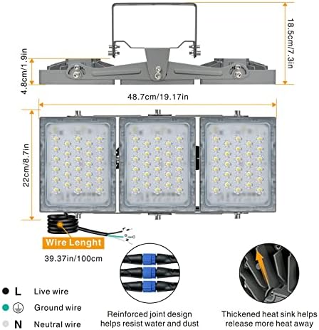 Stasun 150w Luz de inundação LED reduzida, iluminação externa de 13500lm com ângulo de iluminação de 330 °, 5000k,