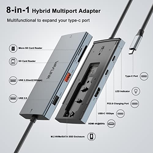 WAVLink USB C Hub multitor com o gabinete SSD M.2 NVME/SATA, adaptador multitor de 8 em 1 tipo C se encaixa na entrega de 100w, 4k HDMI