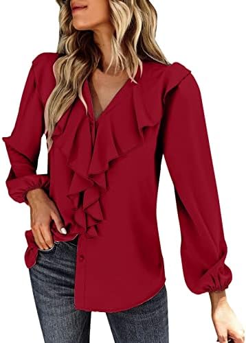 Mulher moda casual cor sólida v pescoço botão de manga comprida camisa de renda de top