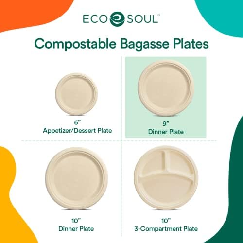 Eco Soul [9 , 125 PACK | Placas redondas de bagaço compostável | Placas de jantar biodegradáveis ​​e ecológicas descartáveis
