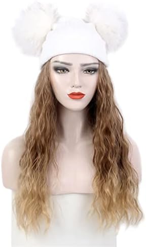 Yfqhdd -i peça de cabelo e chapéu branco chapéu de malha branca peruca inverno quente milho marrom chapéu de peruca