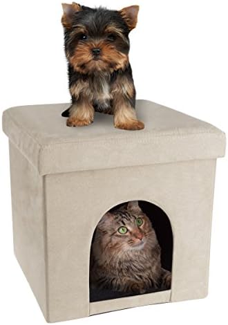 Pet House Otomano - Cubo de cachorro pequeno ou de gato colapsível e apoio para os pés com blusa de almofada e travesseiro