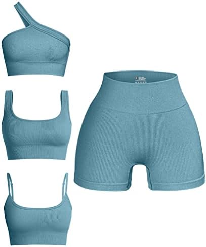 OQQ feminino de 4 peças roupas com nervuras com nervuras de pescoço esportes de pescoço de um ombro de um ombro de shorts