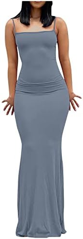 Trebin Fashion feminino Sling feminino sem mangas e sexy cor sólida aberta para trás vestido longo fit