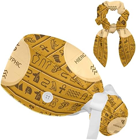 Hieróglifos antigos do Egito, Hat de Trabalho Capinho Ajustável Tampa com Botões e Cabelo Arco para Enfermeiro e Médico