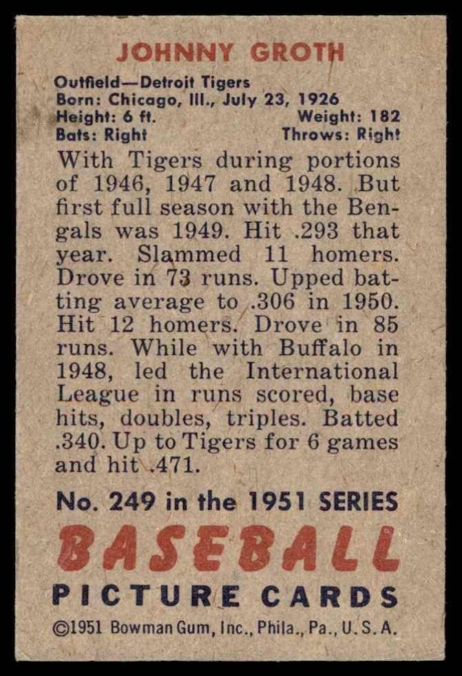 1951 Bowman 249 Johnny Groth Detroit Tigers Ex/Mt Tigers