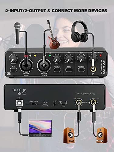 Interface de áudio USB, interface de áudio de RhM 2 em 2 em 2 com 48V Phantom Power para gravação, mixer de áudio profissional