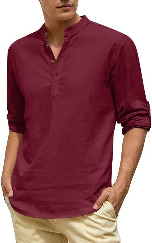 Camisa de linho masculina de velawind camisa casual henley praia