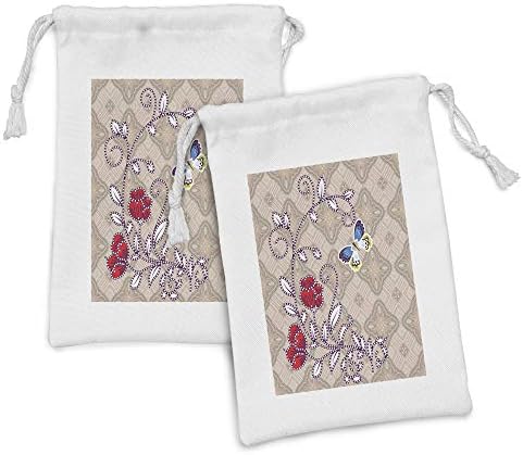 Conjunto de bolsas de tecido de Batik de Ambesonne de 2, corpo de flor com galho curvado e borboletas em impressão gráfica de