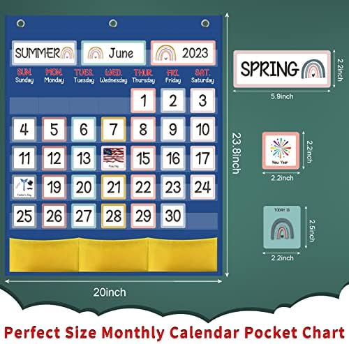 Gráfico de bolso do calendário mensal da sala de aula azul com 89 cartões para crianças em sala de aula em casa material escolar