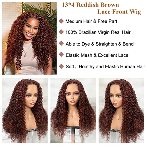 Dinoce Reddish Brown peruca Jerry Curly 13x4 Lace Front Wigs Human Human Human 12a Brasilian Copper 33B Cor para cabelos